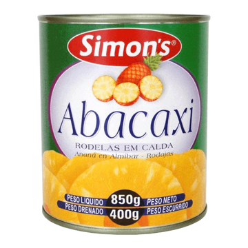 Mostrar detalhes de Abacaxi Rodelas Lata 400g - SIMON S Imagem de Abacaxi Rodelas Lata 400g - SIMON S